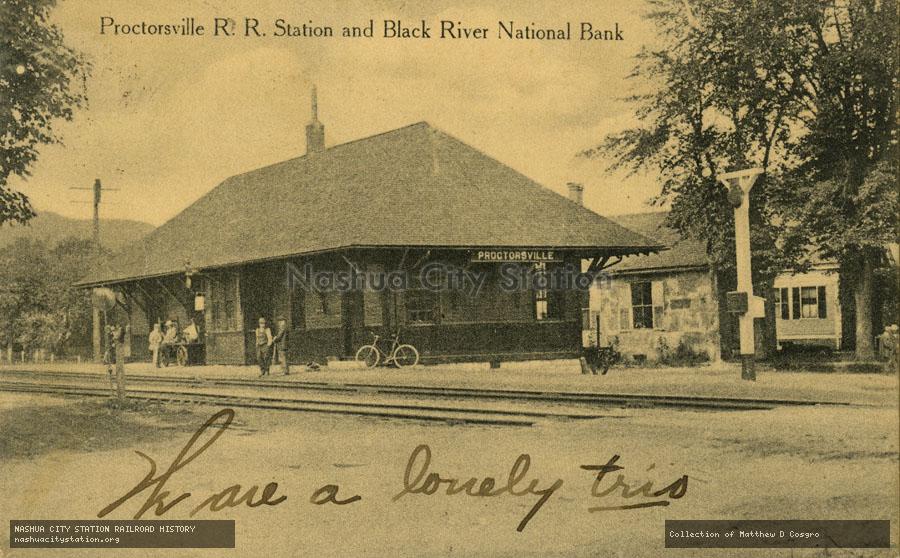 Postcard: Proctorsville Railroad Station and Black River National Bank
